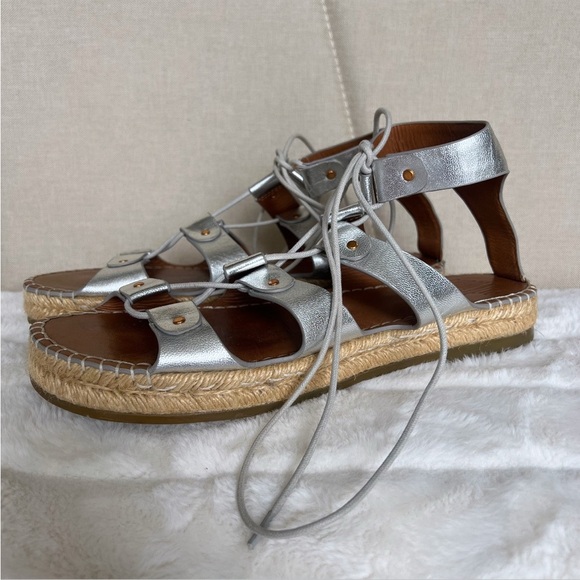 CHARLOTTE STONE Silver Metallic Leather Joni Gladiator Espadrille Sandals Sz 10 - Picture 3 of 16